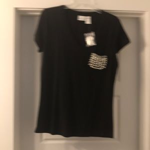 Black tee shirt with pearls on pocket. Newport News.